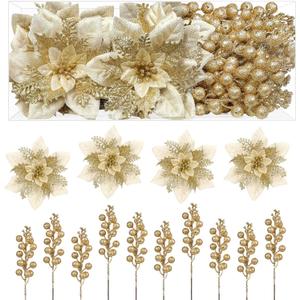 Alupssuc 24 Pieces Christmas Tree Decorations, 12 PCS Gold Poinsettia Flowers Artificial and 12 PCS Glitter Christmas Tree Picks for Christmas Decorations Party Wreath Fireplace Stairs, Gold