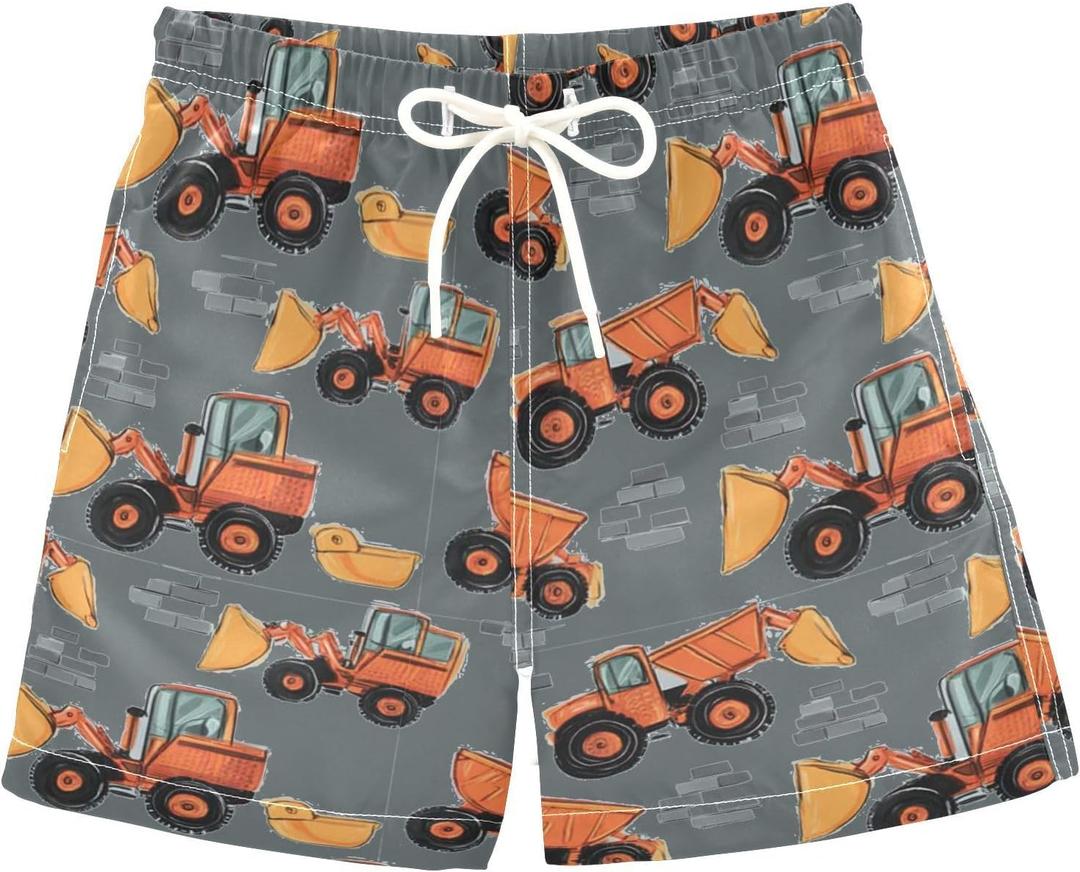 Boccsty Yellow Tractor Car Boys Swim Trunks Baby Kids Monster Truck Swimwear Summer Toddler Beach Board Shorts Bathing Suit M (M)
