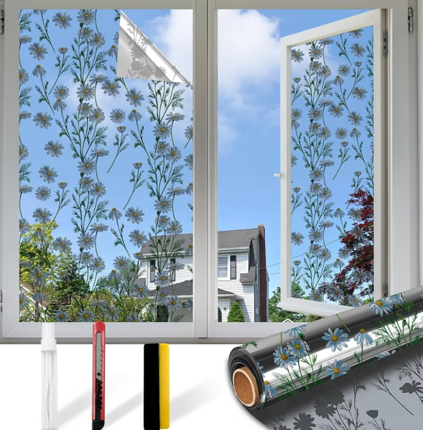 Countewol Upgraded Window Privacy Film One Way Daytime Privacy Static Cling Sun Blocking Anti UV Reflective Window Tint for Home and Office (Silver （Daisy）, 45.27 X 157.4 in)