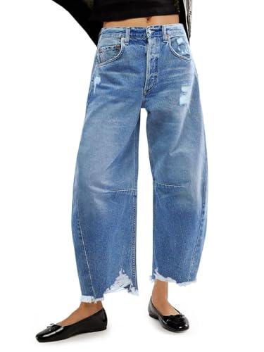 Allimy Womens Jeans High Waisted Rise Ripped Baggy Loose Fit Ankle Barrel Y2K Boyfriend Horseshoe Raw Hem Wide Leg Jeans for Women Trendy 2026 Denim Capri Pants Blue Size 2