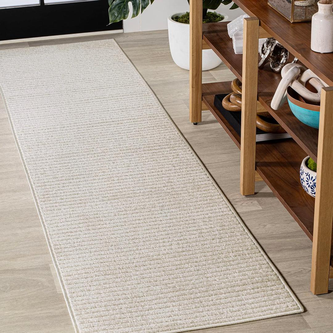 JONATHAN Y Aarhus High-Low Striped Ivory/Cream Indoor/Outdoor Runner Rug 2x8, Minimalist Geometric, Classic, Farmhouse, Cottage, Minimalist, Bedroom, Kitchen, Living Room, Non Shedding (SCN102B-28)