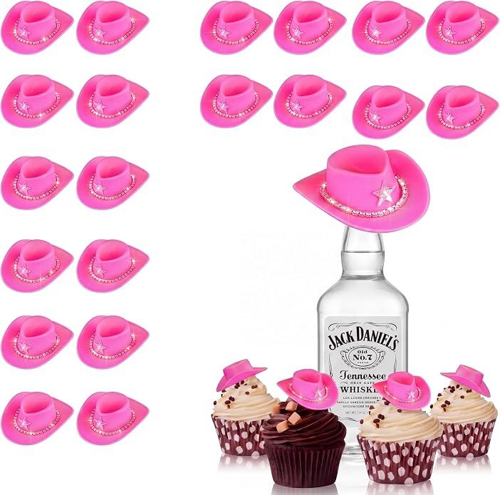 Silipull 20 Pcs Mini Pink Cowboy Hats with Rhinestones, Plastic Tiny Cowgirl Hat, Crafts, Western Party Decor, Cupcake Toppers