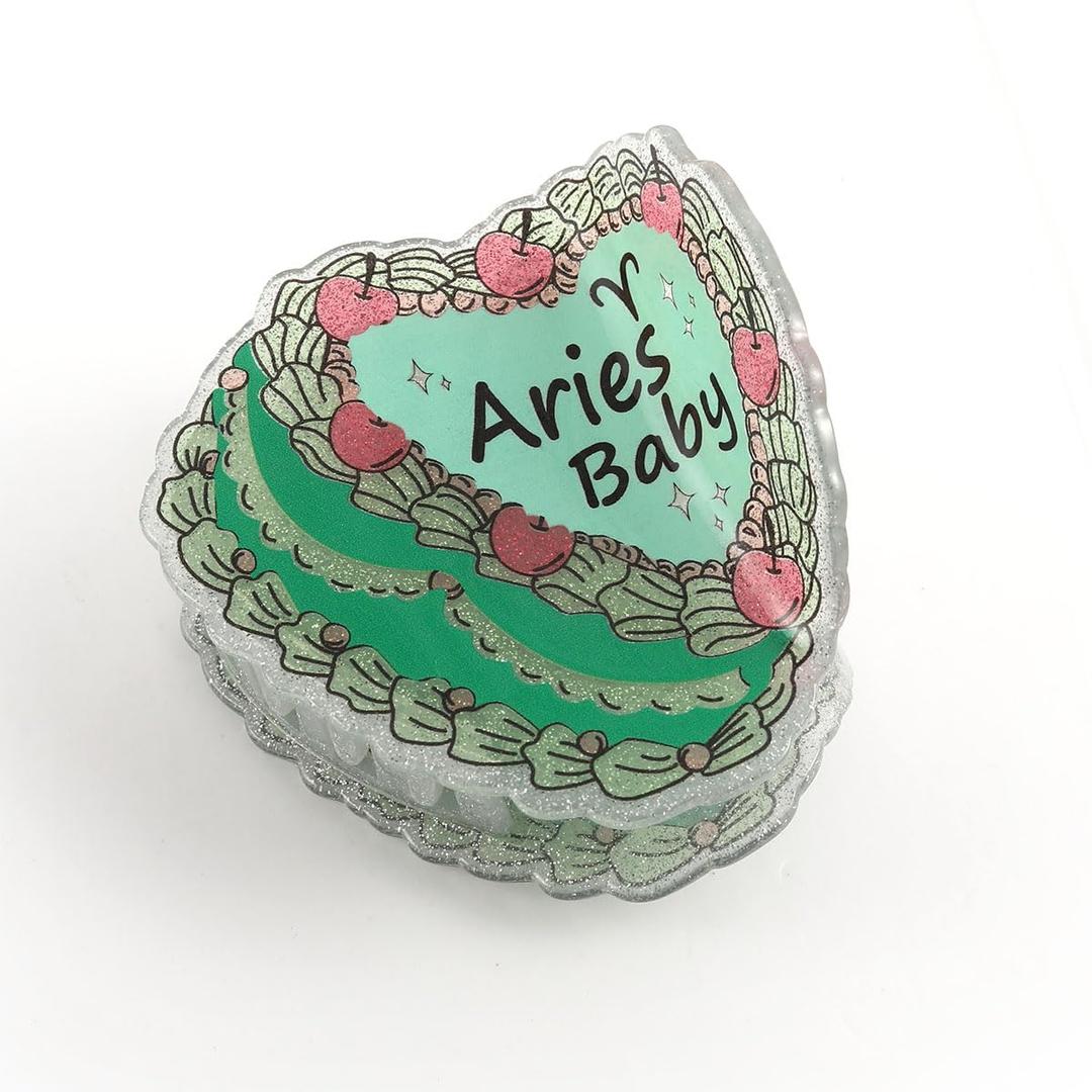 Decorative Aries Baby Hair Claw, Green and Pink Design with Cherry Accents Birthday Prentent Decorative Aries Baby Hair Claw, Green and Pink Design with Cherry Accents Birthday Prentent