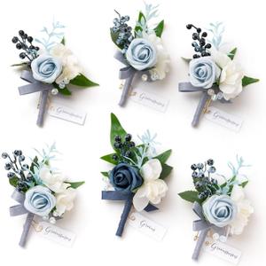 Ling's Moment Boutonniere for Men, 6pcs Groom Groomsmen Boutonniere, Artificial Flowers for Wedding Decor/Prom/Homecoming, etc.Dusty Blue Light Blue