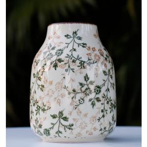 Vintage Green Ceramic Decorative Floral Vase for Flower Bouquet centerpieces Beige Ice Glazed Crack Farmhouse Rustic for Home Decor, Living Room, Shelf, Office, Table 7.7 Inches with Vine Pattern