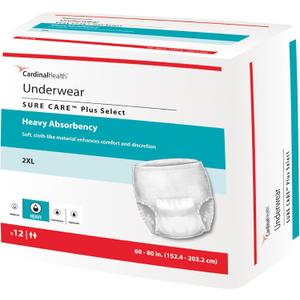 Cardinal Health™ Protective Underwear, SURE CARE™ Plus, Heavy Absorbency, XX-Large 60-80 in., Pull-On Adult Disposable Underwear with Tear-Away Seams, Cloth-Like & Discreet – Case of 48 (4 Bags of 12) (White, XXL)