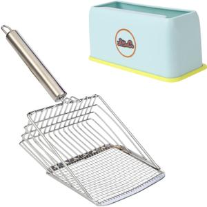 Cat Litter Scoop, Metal cat Litter scoopers, Deep Shovel,cat Litter Sifter, Kitten Poop Sifting,Heavy Duty Speed Sifter for Litter Box,Litter Scooper with Holder (Silvery Scoop-Blue Holder)