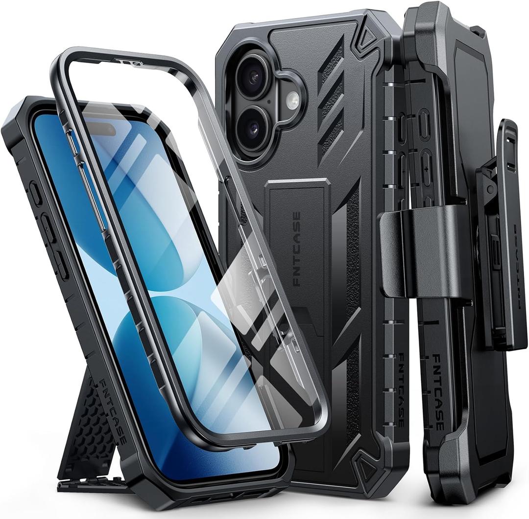 FNTCASE for iPhone 17 Phone Case: Military Grade Rugged Cell Phone Cover with Kickstand & Holster | Shockproof TPU Protection Bumper Matte Textured Design for Phone Cases 6.3 inch-Black