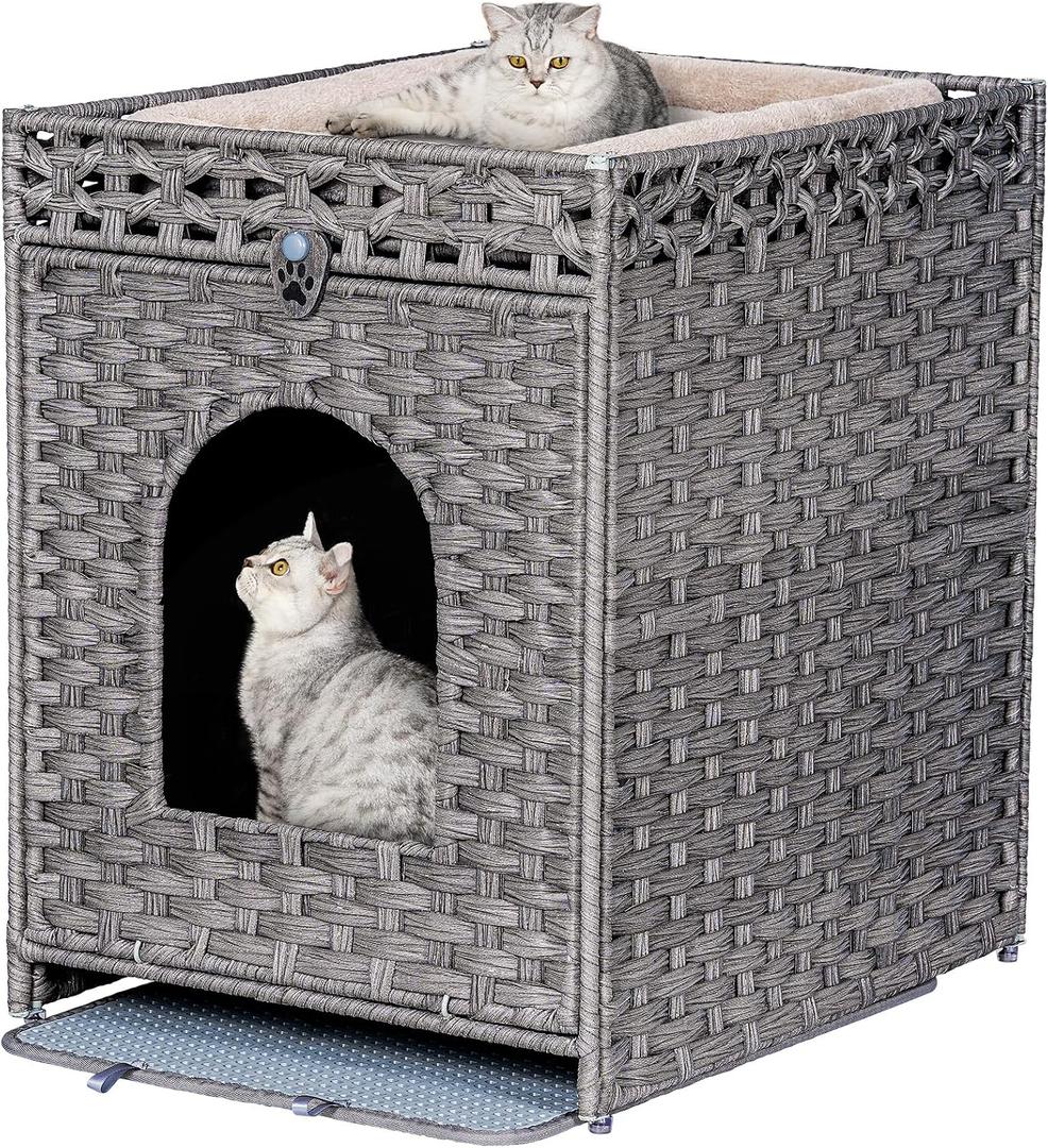 Snughome Cat Litter Box Enclosure Furniture Hidden with Cat Litter Mat, Hidden Cat Washroom Furniture with Door, Handwoven Rattan Cat Washroom Box, Indoor Pet House for Living Room, Bedroom(Grey)