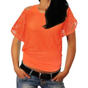 Smile Fish Women Casual Sexy 80s Costumes Fishnet Neon Off Shoulder T-Shirt (Orange, US 6-8/ Tag Size M), 2Pcs