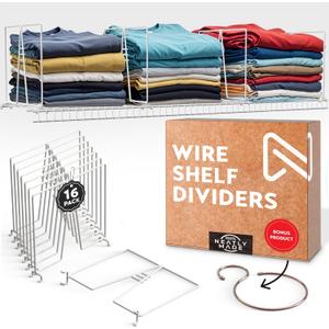 Tall White Wire Shelf Dividers for Closet Organization  Sturdy and Easy Set-Up Closet Shelf Dividers with Bonus Rose Gold Hanger (16 inch Wire Shelves, 8-Pack)