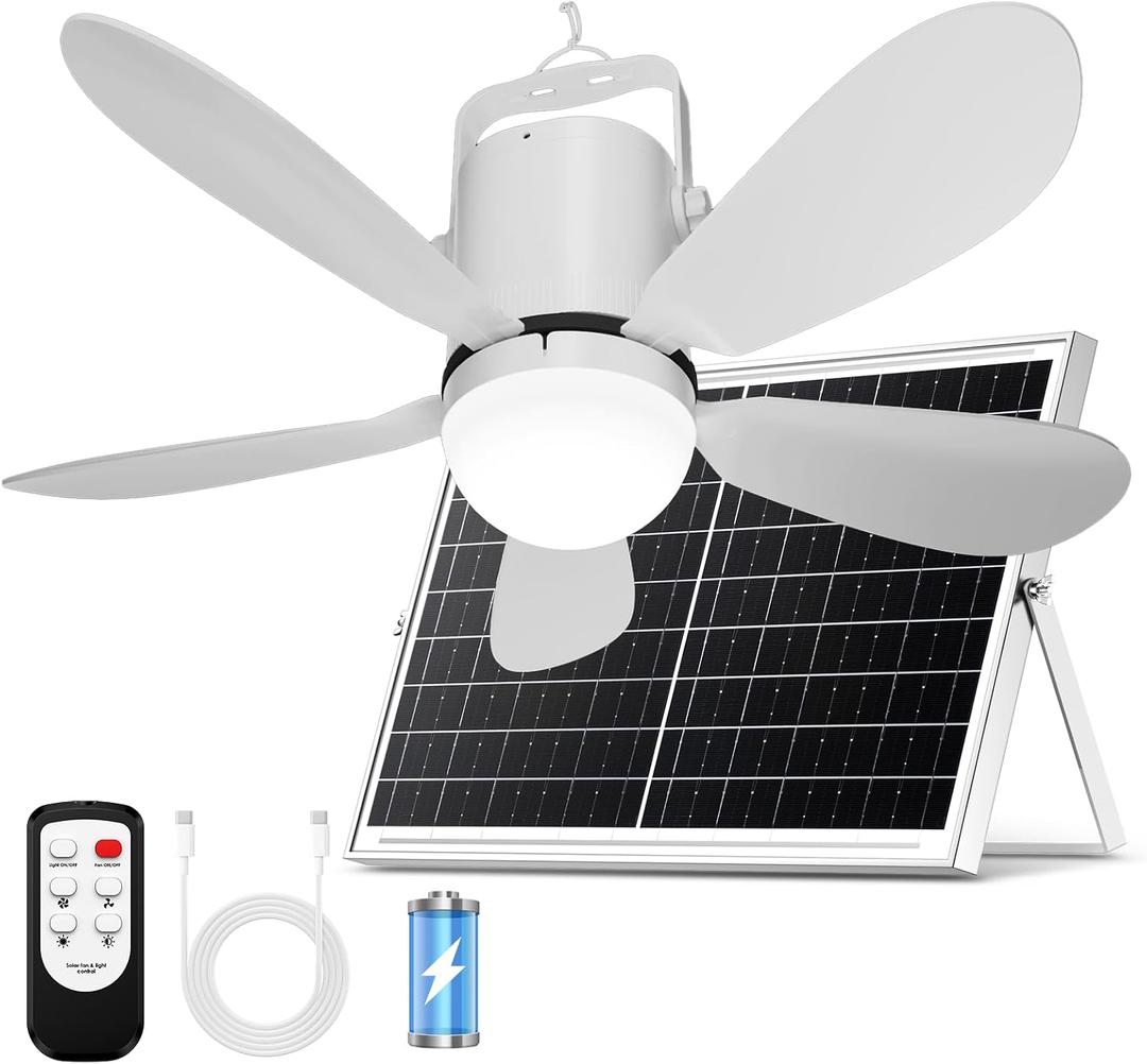 21 Solar Ceiling Fan Light, Solar Outdoor Ceiling Fan Light with Remote and Hook, Portable Wireless Rechargeable Outdoor Hanging Fans for Camping RVs Patio Canopy Chicken Coop Outside