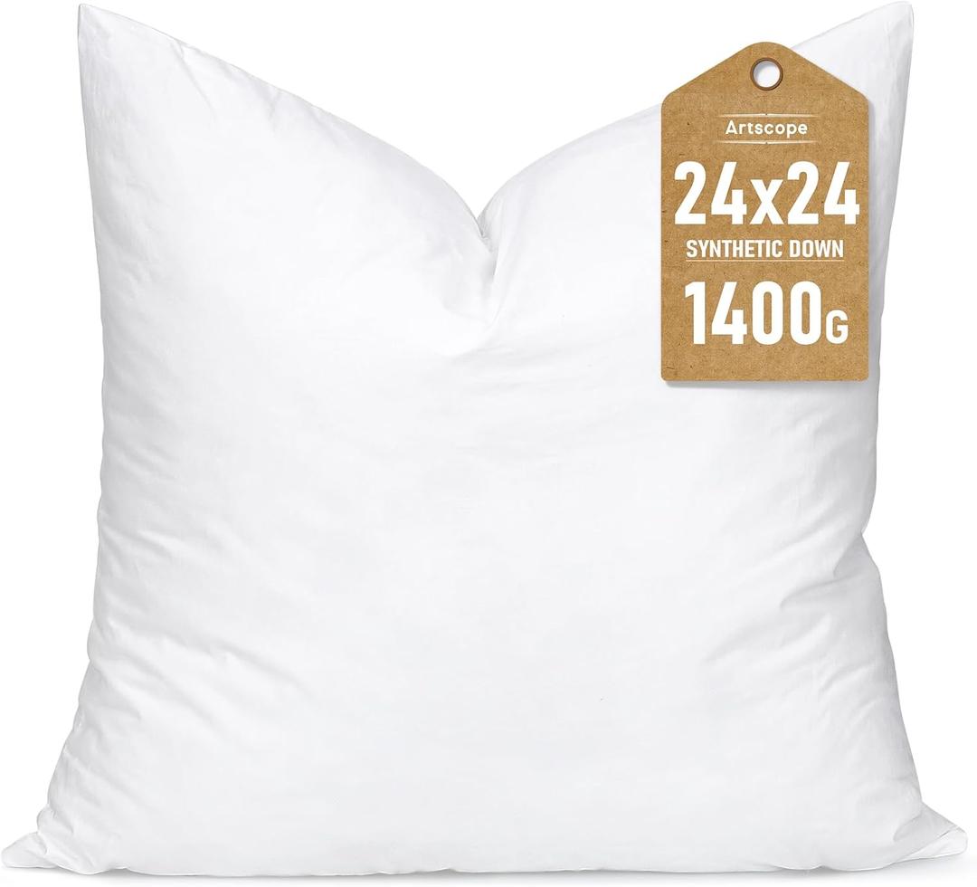 Artscope Synthetic Down Pillow Insert, 24x24 Down Alternative Throw Pillow Insert. Ultra Soft Fluffy Sleeping Pillow with 100% Cotton Cover, Decorative Pillows-White 
