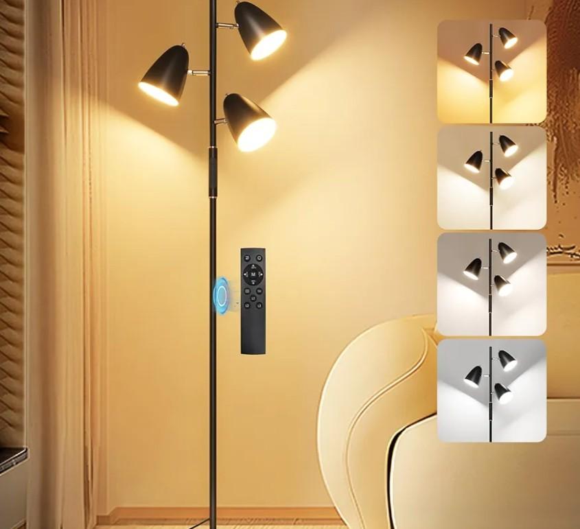 QiMH LED Floor Lamp for Living Room, Modern Dimmable Standing Lamp with 4 Color Temperature,Remote and Touch Control, Tree Floor Lamp for Bedroom with 3 Rotatable Lights Bright Stand up Lamp, Black