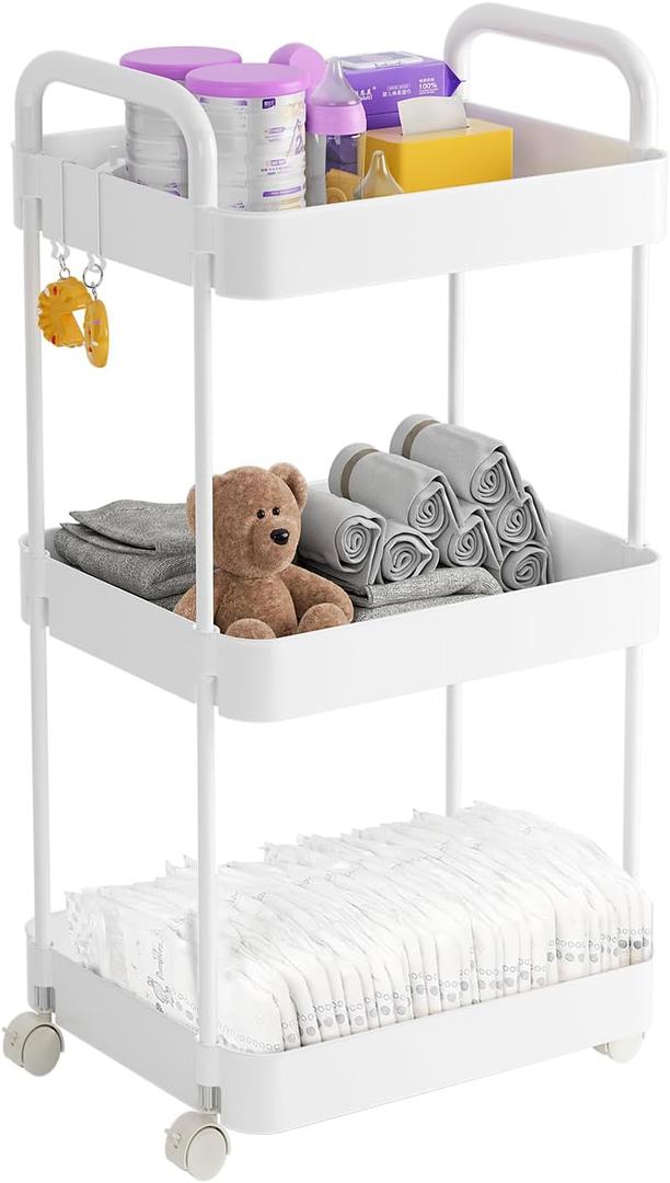 Diaper Caddy Organizer, 3-Tier Movable Diaper Cart with Wheels, Newborn Essentials Must Haves, Diaper Caddy for Wipes & Diapers, Baby Registry Search - Plastic White