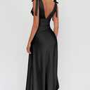 LAGSHIAN Women's Summer V Neck Sleeveless Bodycon Ruched Irregular Hem Cocktail Party Satin Flowy Maxi Dress (Blue, XL)