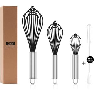 Silicone Whisk, 3 pack Professional whisks for cooking non scratch, Stainless Steel & Silicone whisk, plastic rubber whisk for nonstick cookware, small silicone whisk set, black