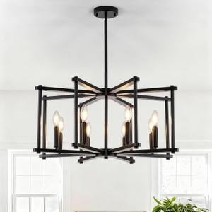 Dining Room Light Fixture, Modern Black Chandelier Farmhouse Metal Pendant Light for Foyer Enteyway Living Room Kitchen Island, 8 Wrought Iron Lights E12 Bulbs, Height Adjustable, 28inch