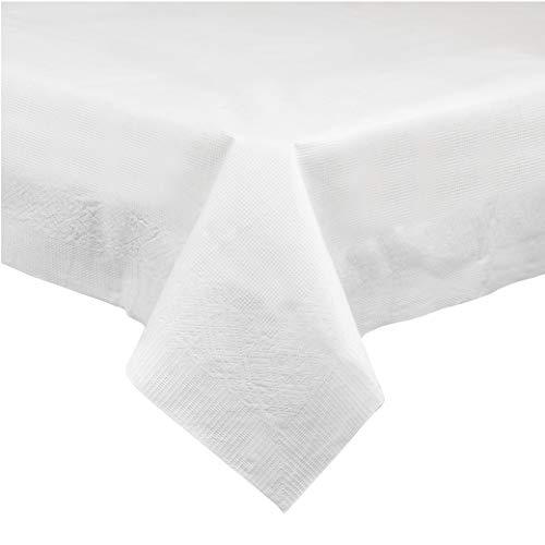 Disposable 3 Ply Paper & Plastic Tablecloth Absorbent, Waterproof, White Table Cover for Rectangle Tables fits 6-8 Foot Tables Size: 54'' X 108'' Pack of 5