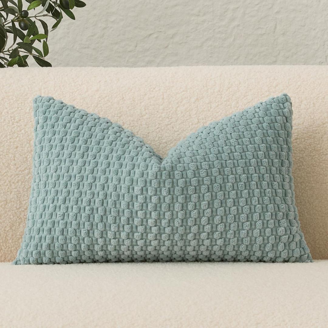 UGASA 14x24 Inch Pillow Cover Pack of 1 Soft Boho Stripe Corduroy Long Rectangle Lumbar Cushion Cover Farmhouse Decorative Throw Pilowcase for Bed, Couch, Sofa, Bedroom, Living Room, Aqua Green