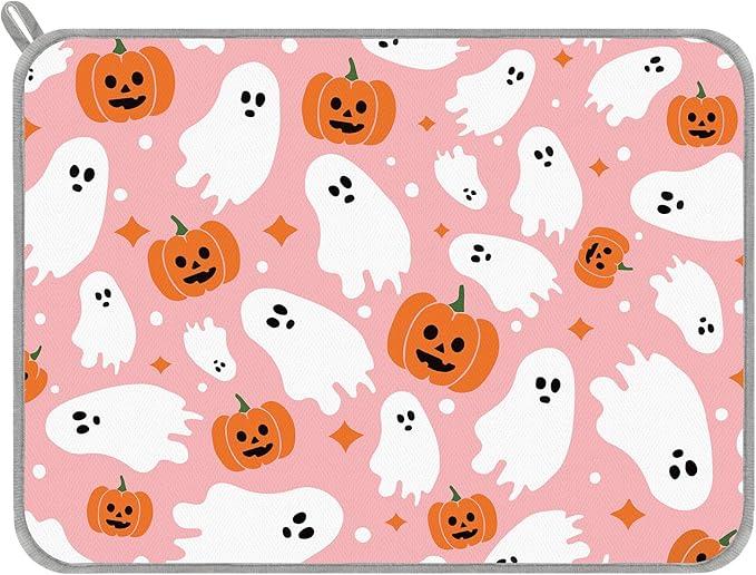 Halloween Dish Drying Mat for Kitchen Counter Pumpkin Spooky Ghosts Fall Dish Mat Absorbent Microfiber Reversible Dish Draining Mat Extra Large Dishes Pad 18 X 24 Inch