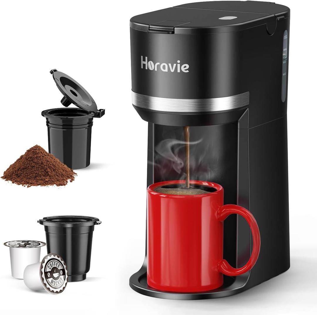 Mini Single Serve Coffee Maker for K Cup and Ground Coffee, Fast Brew One Cup Coffee Machine with Descaling Reminder and Water Window, 6 to 12 oz. Brew Sizes, Black (9.45 Inches)