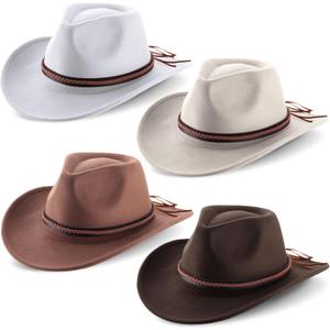 Chuarry 4 Pcs Felt Cowboy Hats for Women Men Wide Brim Western Cowgirl Hats Panama Hat for Adults Costume Outdoor(Coffee, Khaki, Beige, White), One Size