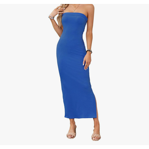 Women's Summer Bodycon Maxi Tube Dress Ribbed Off Shoulder Strapless Side Slit Long Club Party Casual Dresses M