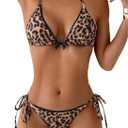 BEAUDRM Women's 2 Piece Leopard Bikini Set Cheetah Thong Bikini Sexy Triangle High Cut Swimsuit String Cheeky Bathing Suit Brown, X-Small