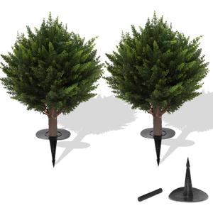 Artificial Cedar Topiary Tree, Indoor Outdoor Decorative Plant, Faux Evergreen Foliage (2, 15.7 inch Height (Leaves Diameter 15.7 inch))