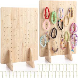 2 Pack Wooden Pegboard Display Stand for Keychain 16" x 12" Jewelry Rectangle Peg Board Tabletop Rack Organizer with 50 Hooks for Necklaces, Earrings, Craft Shows, Vendor Display(Wood)
