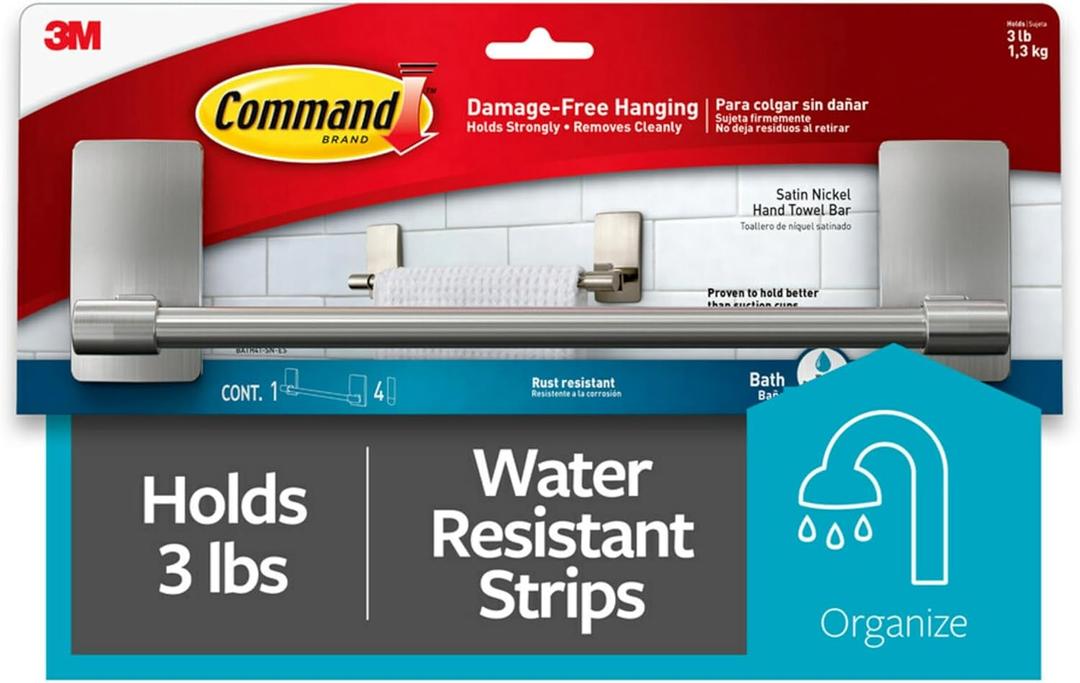 Command Hand Towel Bar Satin Nickel with 4 Water Resistant Command Strips, 9" Hand Towel Holder, Holds up to 3 lb, Great for Bathroom Dcor on the Wall, Inside the Cabinet, or in the Shower
