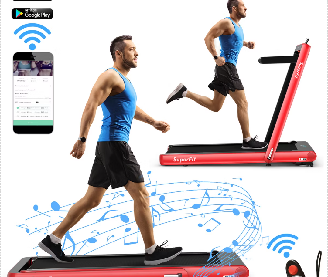 SuperFit 4.75HP 2 In 1 Folding Treadmill W/Remote APP, Red