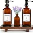 KEYWING Kitchen Soap Dispenser Set with Wood Tray, 16oz Amber Glass Soap Dispensers with Stainless Steel Pumps, Hand and Dish Soap Dispenser Set for Kitchen, Soap and Lotion Dispenser Set for Bathroom