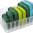 Bawuie Lid Organizer for Food Storage Container, Plastic Lid Holder with 7 Adjustable Dividers for Kitchen Pantry Cabinet and Drawer, Countertop Cupboard Lid Organization, Medium, Clear