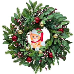 22 Inch Lighted Christmas Wreath Cat Sign Wreath with Timer Glitter Ball Ornaments Pine Needles Red Berries and Eucalyptus Leaves Christmas Dcor Holiday Hanging Decor for Door Wall Mantel