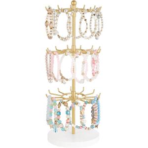 Mkono Bracelet Holder Gold Metal Rotating Bracelet Display Stand 3 Tier Jewelry Tower rack with 36 Hooks and Wood Base Modern Adjustable Storage Organizer Tree for Selling Key Chain Bangle Accessories