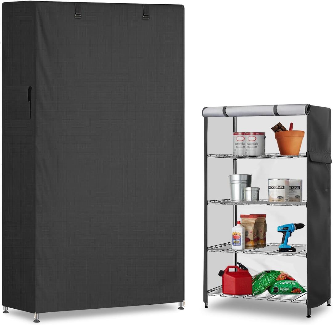 Storage Shelf Cover,Outdoor Heavy Duty 600D 48''W x 18''D x 82''H Dustproof Waterproof Shelf Covers for Wire Shelving,Storage Rack Cover with Zipper (Black)