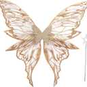 Fairy Wings for Adults Women 31.5"x29.5" Fairy Costume Set Large Butterfly Wings for Halloween Party (Gold)