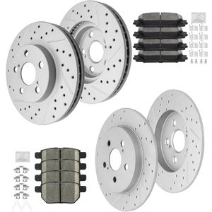 Front and Rear Brake Kit, Ceramic Brake Pads and Drilled and Slotted Brake Rotors, Fit for 2011 2012 2013 Lexus CT200h, 2012 2013 Toyota Prius Plug-In, 2010-2015 Toyota Prius