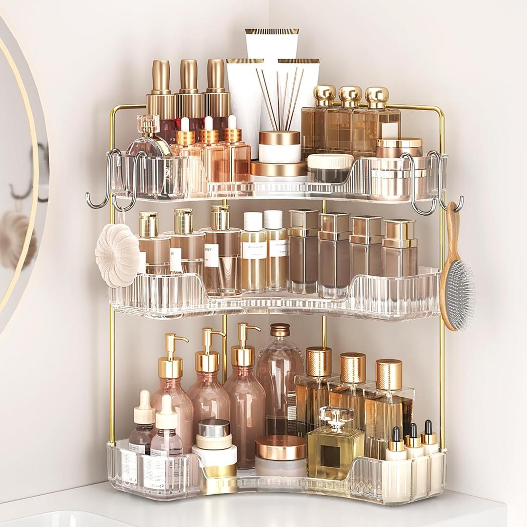 Corner Bathroom Counter Organizer 3-Tier Bathroom Organizer Countertop with Hooks Perfume Organizers Storage Shelf for Makeup & Skincare Dresser-Clear