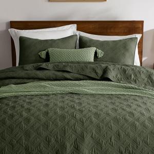 WDCOZY 100% Cotton Oversized King Quilt Set - Olive Green California Cal King Size Soft Lightweight Modern Bedspread, Farmhouse Country Rustic Coverlet, Textured Like Linen, Shabby Chic Bedding