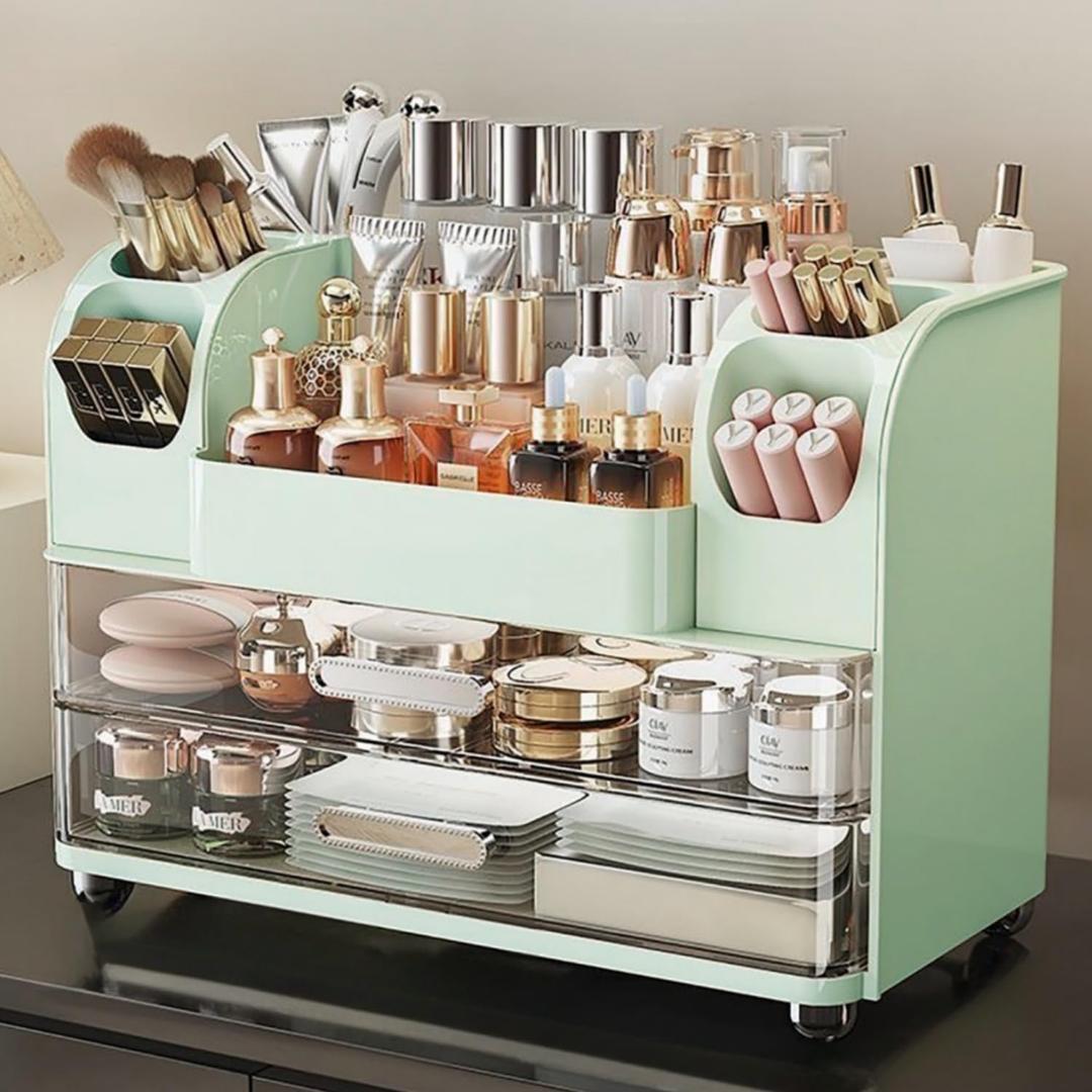 Makeup Organizer with Drawers for Vanity,Bathroom Countertop Organizer with Brushes Holder,Skincare Storage Organizer,Perfect Cosmetic Display Case for Skincare,Lipstick and Beauty Essential (Green)
