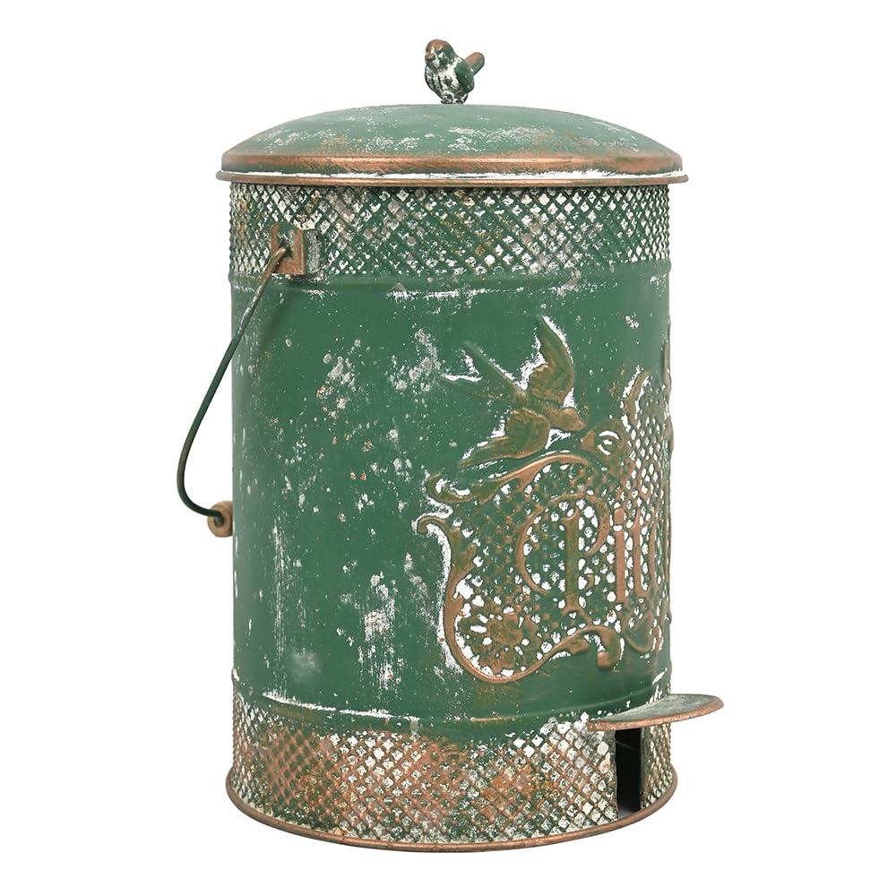Farmhouse Garbage Can with Lid Indoor Outdoor Trash Can with Embossed Bird and Flowers PatternMetal Retro Kitchen Trash Can with Lid for Kitchen Room and Garden Decor (Green)