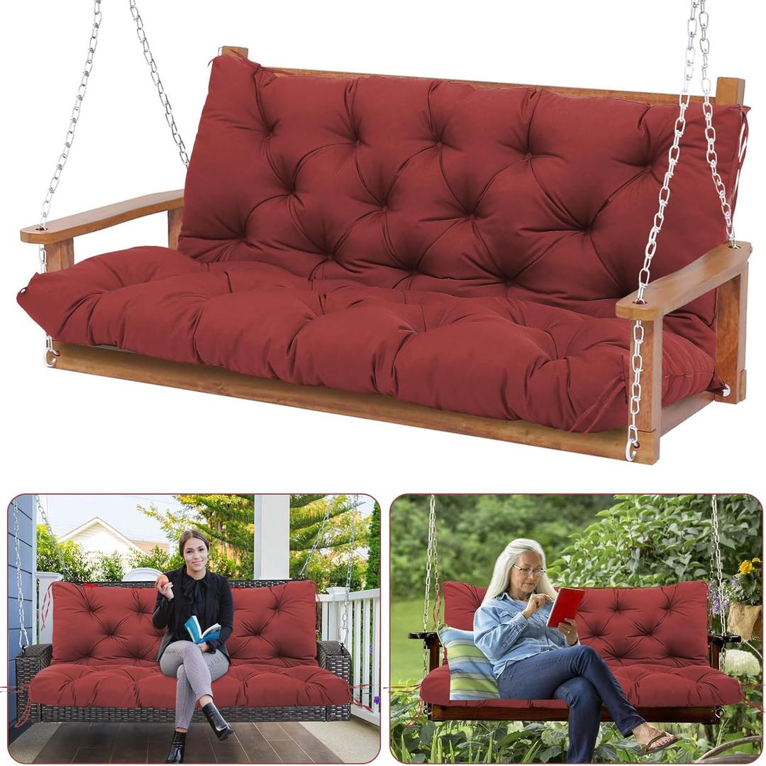 Durable Extra 5" Thick Waterproof Porch Swing Cushions Outdoor 60 inch Fade-Resistant Swing Bench Cushions 3 Seater Replacement with Backrest for Outdoor Patio Backyard Furniture(Wine Red)