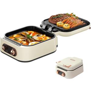 AORAN 7-in-1 Electric Griddle with Non-Stick Coating, Smokeless Grill for Frying, Baking, Boiling, Hot Pot, Steaming, Dual Zone Temperature Control, Foldable for Storage