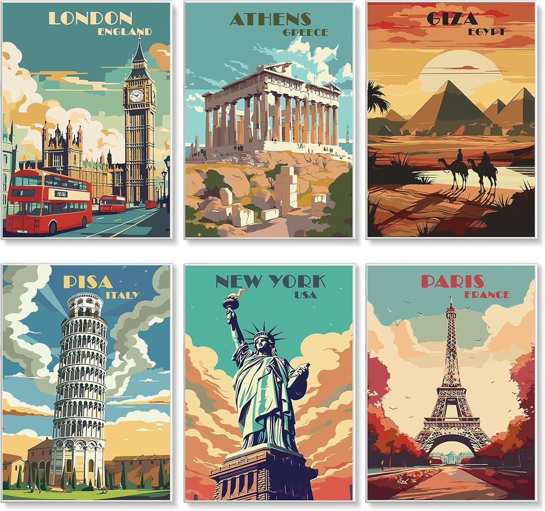 6 Pack Paint by Numbers Kit for Adults - Cityscape Adult Paint by Number Kits on Canvas for Beginner, Vintage Travel DIY Acrylic Oil Number Painting for Adults, Perfect for Home Decor 10x14 Inch