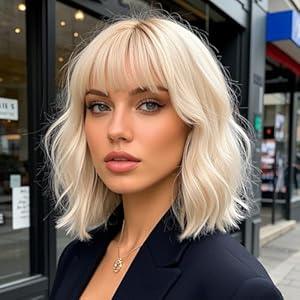 Amarlis Ombre Platinum Blonde Bob Wig with Bangs Loose Wavy Blonde Wig for Women Heat Resistant Synthetic Wigs for Daily Party Use 14 Inch
