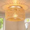 SineRise Rattan Ceiling Light Fixtures (12-Inch, LED Bulb Included), Hand-Woven Boho Flush Mount Ceiling Light, Rattan Chandelier for Hallway Kitchen Farmhouse Foyer Entryway Living Room(Gold)