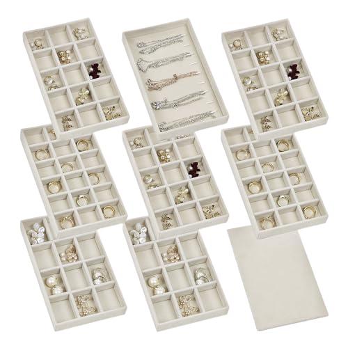 Set of 8 Stackable Jewelry Organizer Trays with 1 Lid for Drawer & Dresser Organizer, Adjustable Velvet Jewelry Box Tray Earring Organizer Necklace Storage Ring Bracelet Display Case (Beige)